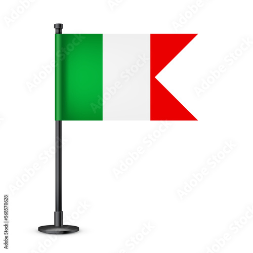 Realistic Italian table flag on a black steel pole. Souvenir from Italy. Desk flag made of paper or fabric and shiny metal stand. Mockup for promotion and advertising. Vector illustration