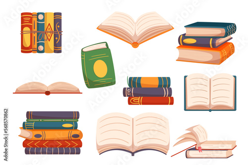 Set Of Books, Bestsellers, School Textbooks. Closed And Open Dictionaries With Colorful Covers And Bookmarks photo