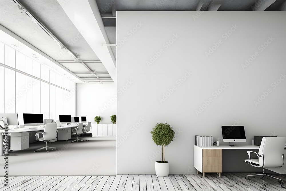Fototapeta premium Open space office interior, white mock up wall.