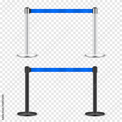 Realistic blue retractable belt stanchion. Crowd control barrier posts with caution strap. Queue lines. Restriction border and danger tape. Attention, warning sign. Vector illustration