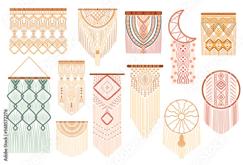 Set Of Macrame Bohemian Or Coastal-inspired Home Decor Isolated On White Background. Diy Hobby Design Elements