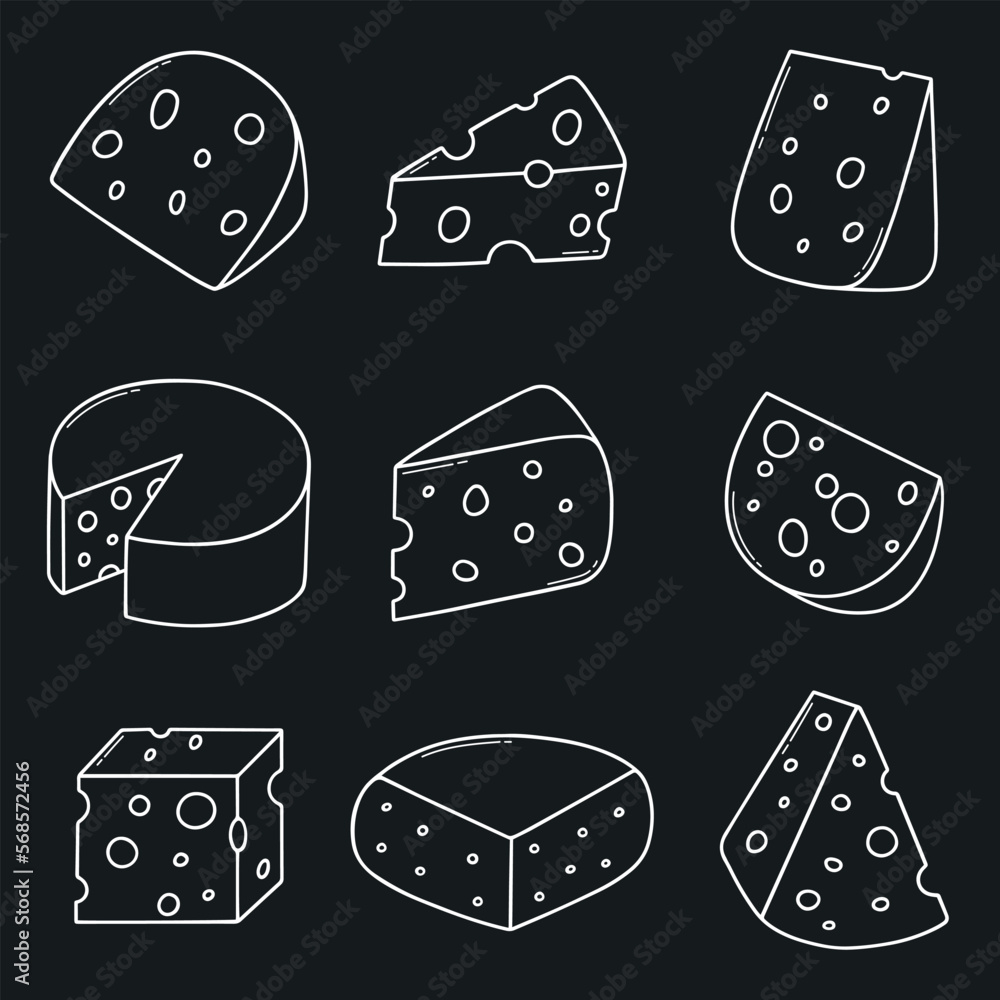 Vecteur Stock Cheese doodle set. Cheese types in sketch style. Hand