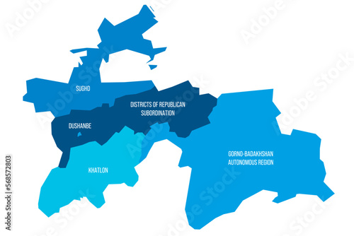 Tajikistan political map of administrative divisions - regions, autonomous region of Gorno-Badakhshan, districts of Republican Subordination and capital city of Dushanbe. Flat blue vector map with