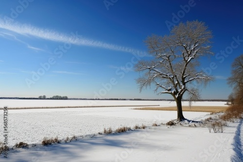 Winter: A snowy field with trees in the distance and a clear blue sky.photowallpaper,wallpapers for home,landscape, generative ai	 photo