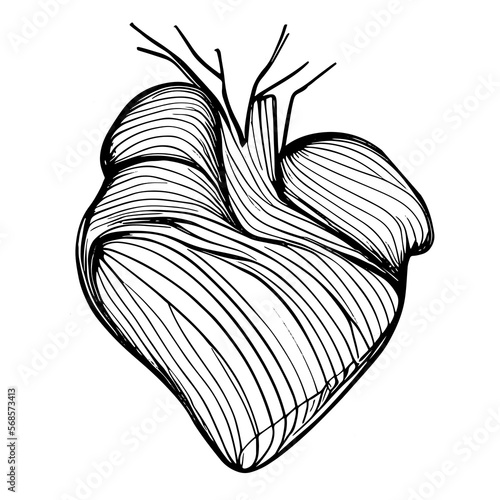 Sketch of heart muscle made of hand-drawn black lines on white background