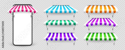 Smartphone with shop sunshade and metal mount, online internet shopping. Realistic striped cafe awning. Outdoor market tent. Roof canopy. Summer street store. Vector illustration