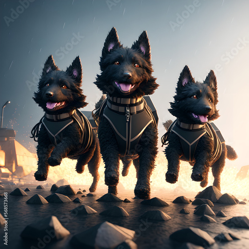 Foto A petite unit of stylish black guardian dogs fighting on the ruins of the city