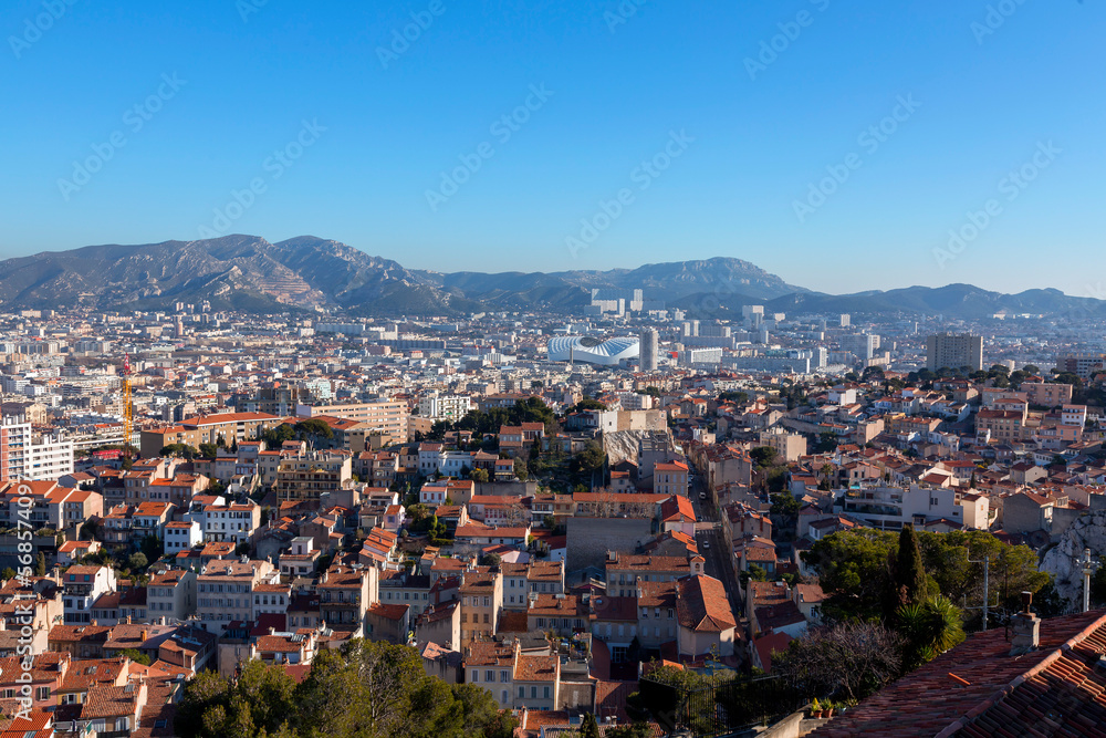 Aerial view of the city of Marseille on a sunny winter day