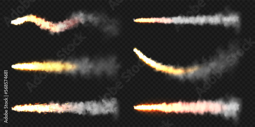 Realistic space rocket launch trails. Fire burst, explosion. Missile or bullet trail. Jet aircraft tracks. Smoke clouds, fog. Steam flow. Vector illustration.
