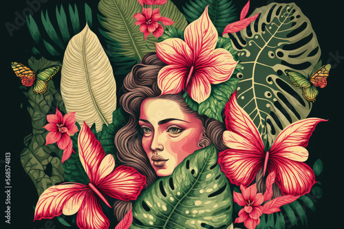 Beautiful women, butterflies, plumeria, cacti, hibiscus flowers, monstera, palm, and banana leaves are all featured in this tropical seamless design. vintage illustration created by . good for printin photo