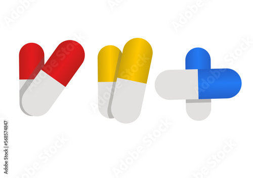 Pairs of pills in different positions and colors 