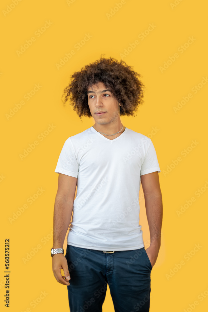 Beautiful young mixed race Afro-Italian generation z teenager with thick curly hair on yellow background. Multiethnic young men. Positive emotions gen z guy, feelings. Beautiful young mixed race Afro-Italian generation z teenager with thick curly hair on yellow background. Multiethnic young men. Positive emotions gen z guy, feelings.