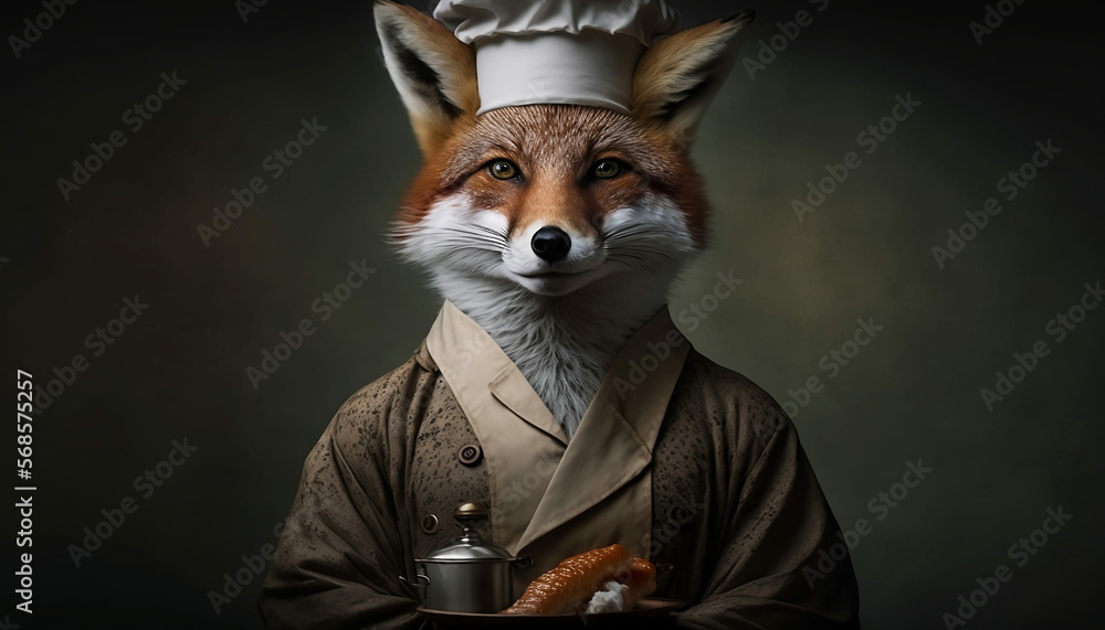 Creative backgrounds of animals with professions. Animals dressed as cheffs generated by AI.