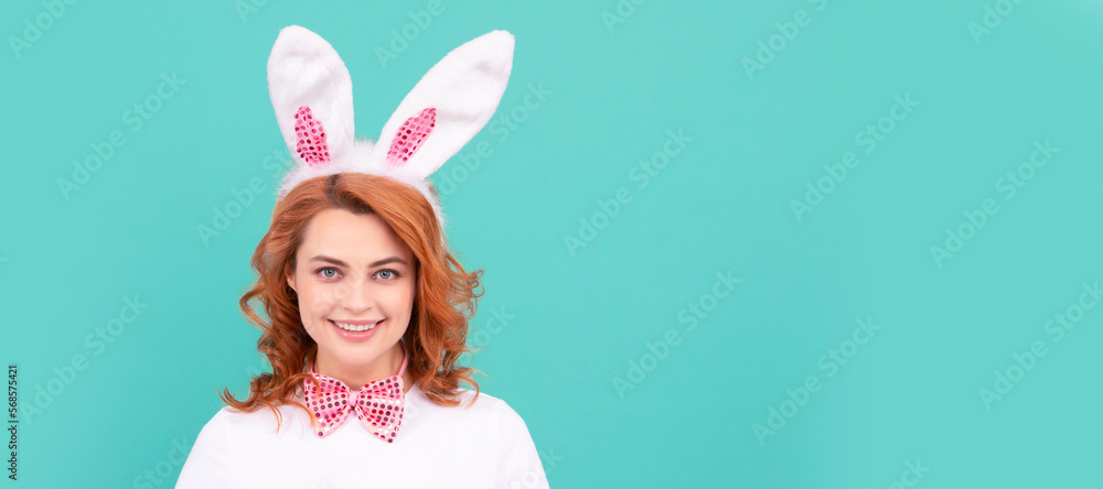 Woman isolated face portrait, banner with mock up copyspace. positive woman in easter bunny ears with shampoo. Woman isolated face portrait, banner with mock up copyspace. positive woman in easter bunny ears with shampoo.
