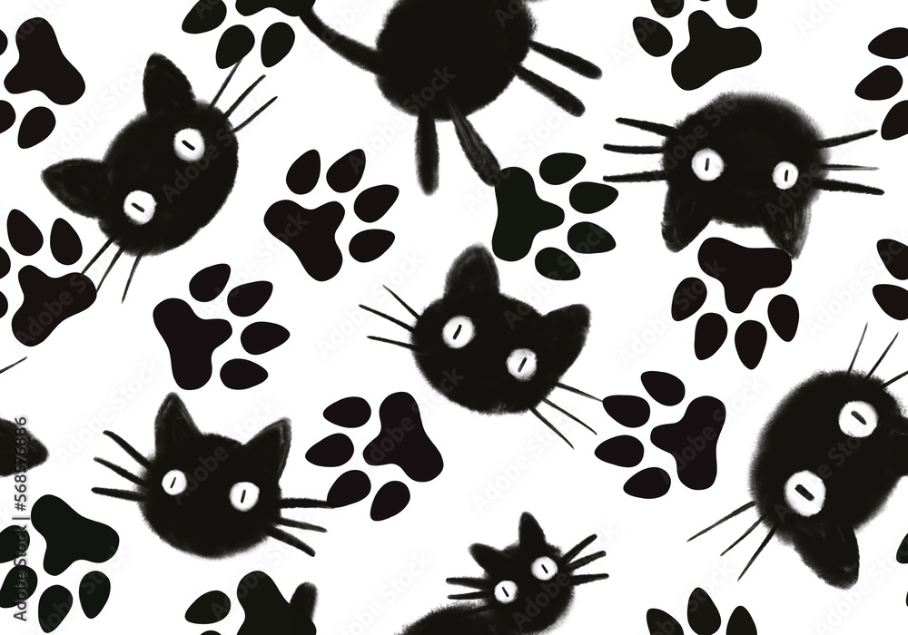 Fototapeta premium Halloween animals seamless black cats paint markers pattern for wrapping paper and fabrics and linens and kids