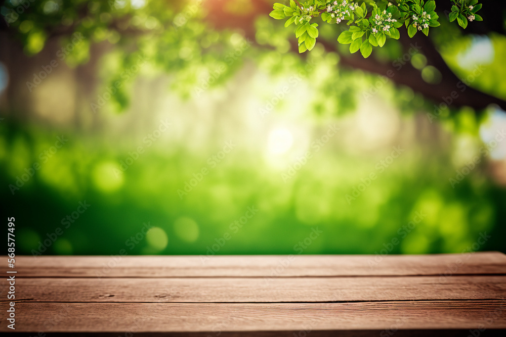 beautiful spring green meadow background with empty wooden table for product display, nature blurred background, copy space beautiful spring green meadow background with empty wooden table for product display, nature blurred background, copy space
