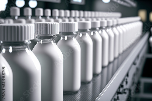 A conveyor belt with bottles of white fluid medicine production line. Generative AI