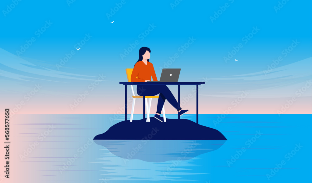 Loneliness at work - Woman sitting alone at desk working on computer on small deserted island. Feeling lonely in workplace metaphor. Flat design vector illustration - obrazy, fototapety, plakaty 