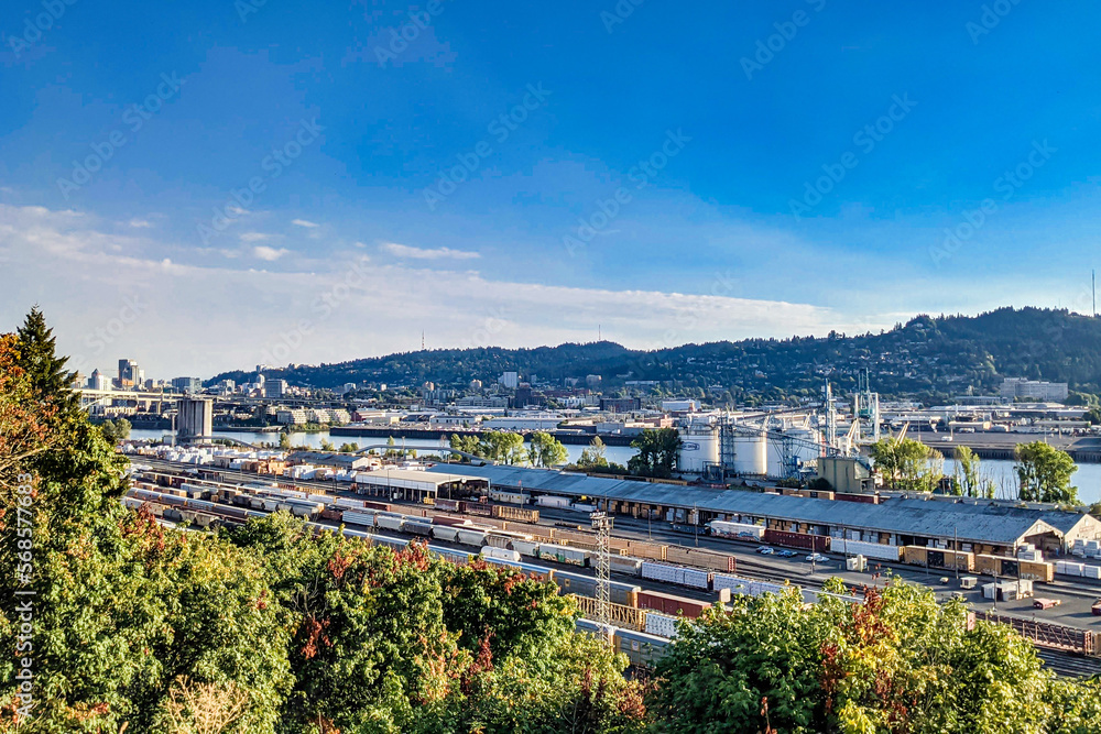 Portland, OR Trainyard Skyline With Blue Skies Portland, OR Trainyard Skyline With Blue Skies