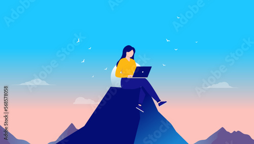 Work freedom - Woman working with laptop computer alone in peace and quiet on top of mountain far away. Remote work and the feeling of being free concept. Flat design vector illustration