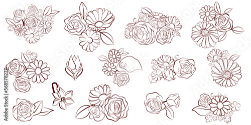 Set of hand drawn bouquets and single flowers, isolated on white background