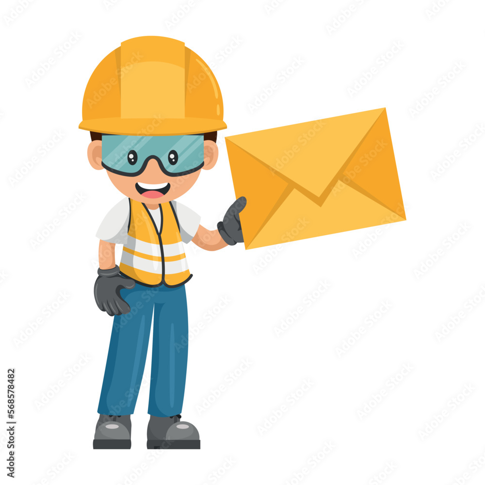 Industrial worker with letter envelope for email. Concept of communication, notification and contact. Industrial safety and occupational health at work Industrial worker with letter envelope for email. Concept of communication, notification and contact. Industrial safety and occupational health at work