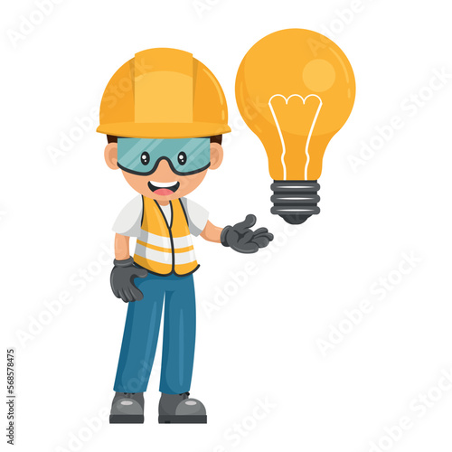 Industrial construction worker with a giant light bulb. Engineer with creative idea symbol. Industrial safety and occupational health at work