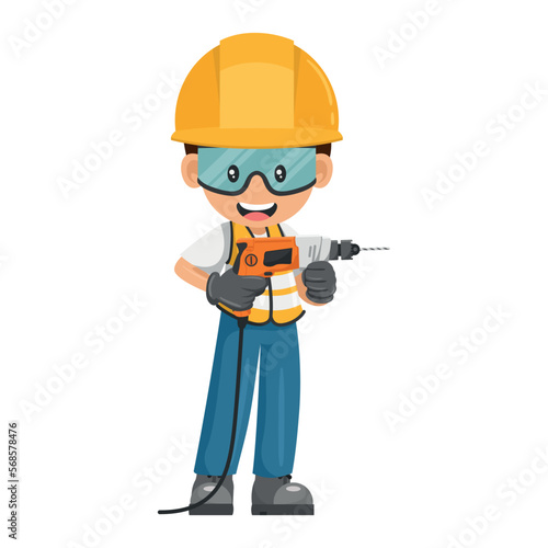 Industrial worker with personal protective equipment using a drill. Concept of repair, maintenance and technical support. Industrial safety and occupational health at work