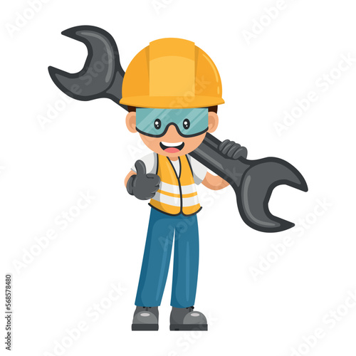Industrial worker with mechanic's wrench with thumbs up. Concept of repair, preventive maintenance and technical support. Industrial safety and occupational health at work