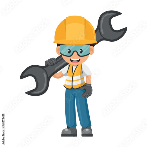 Industrial worker with mechanic's wrench. Concept of repair, preventive maintenance and technical support. Industrial safety and occupational health at work