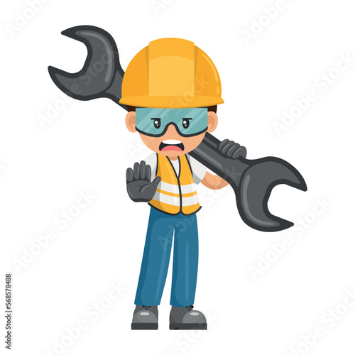 Annoyed industrial worker with mechanic wrench holding stop sign by hand. Concept of repair, preventive maintenance and technical support. Industrial safety and occupational health at work