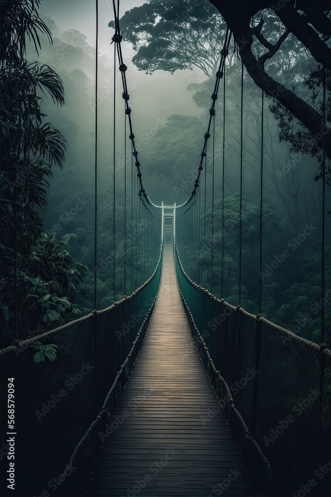 Fototapeta premium long suspension bridge in rainforest, generative ai composite