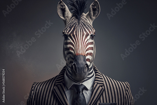 Portrait of a Zebra Dressed in a Formal Business Suit  The Elegant Boss Zebra  Generative Ai