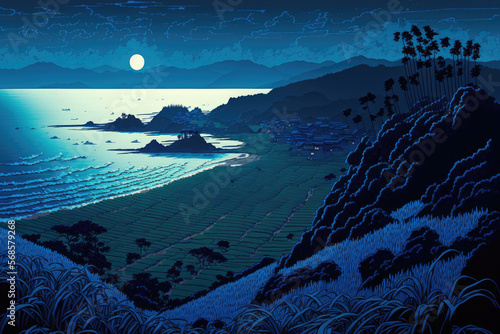Before dawn on the Noto Peninsula in Ishikawa Prefecture, a blue scene of terraced rice fields and the Sea of Japan may be seen. Generative AI photo