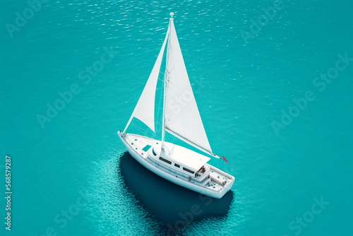 Top view shot of a white sailboat on a clear light blue ocean.Copy space.Created with generative ai