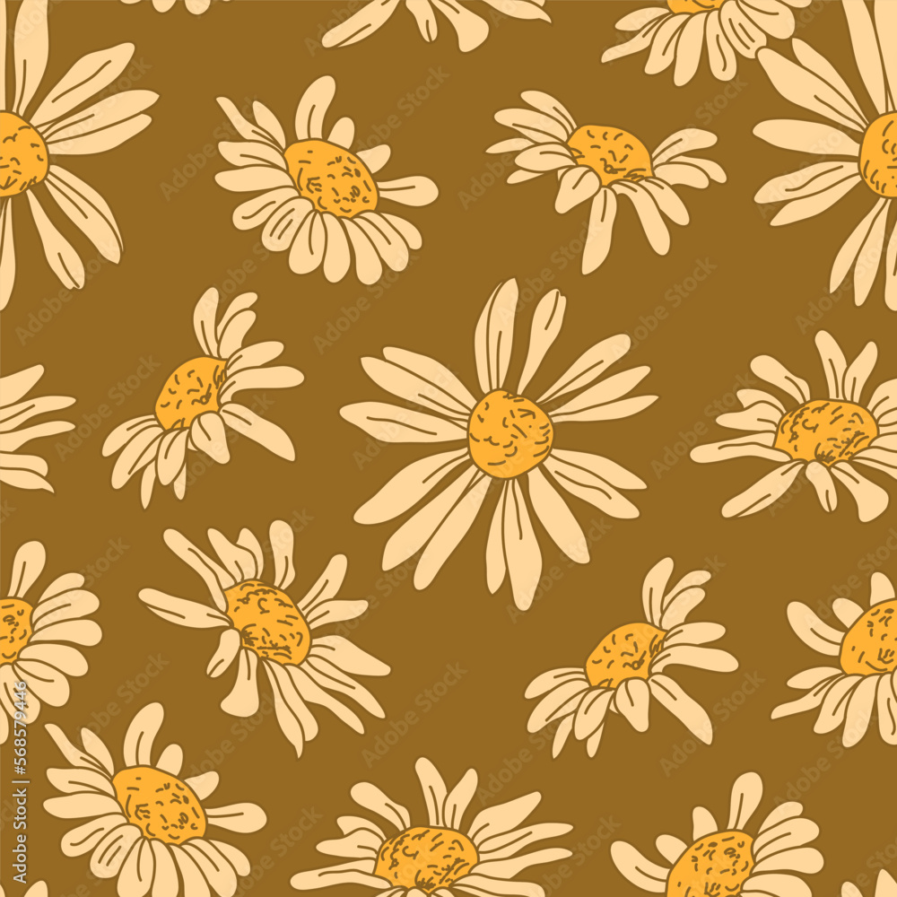 Colorful Floral Vector Seamless Pattern. Retro 70s Style Nostalgic Fashion Textile Bold Background. Summer Resort Print. Daisies. Flower Power