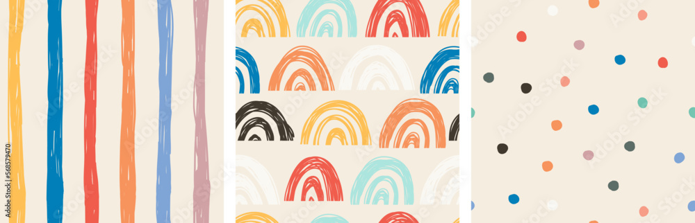 Set of 3 hand drawn vector seamless patterns in pastel colors for kids design. Set of 3 hand drawn vector seamless patterns in pastel colors for kids design.