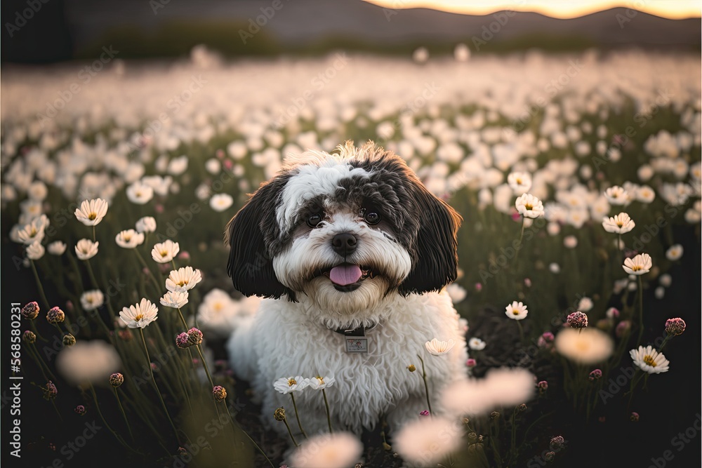 Fototapeta premium Havanese dog in Flower Field
