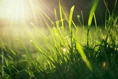 Green grass with sun blurry selective focus. The sun shines through the young green grass in spring in nature outdoors  macro