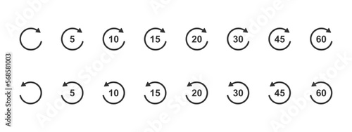 Rewind and fast forward icons with circle arrows and seconds numbers. Round repeat and next buttons isolated on white background. Player playback elements. Vector graphic illustration