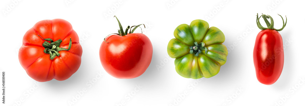 set of four tomato varieties isolated over a transparent background, natural organic vegetable design elements, top view / flat lay - obrazy, fototapety, plakaty 