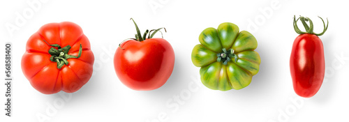 set of four tomato varieties isolated over a transparent background, natural organic vegetable design elements, top view / flat lay