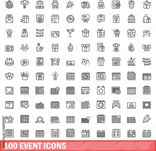 100 event icons set. Outline illustration of 100 event icons vector set isolated on white background