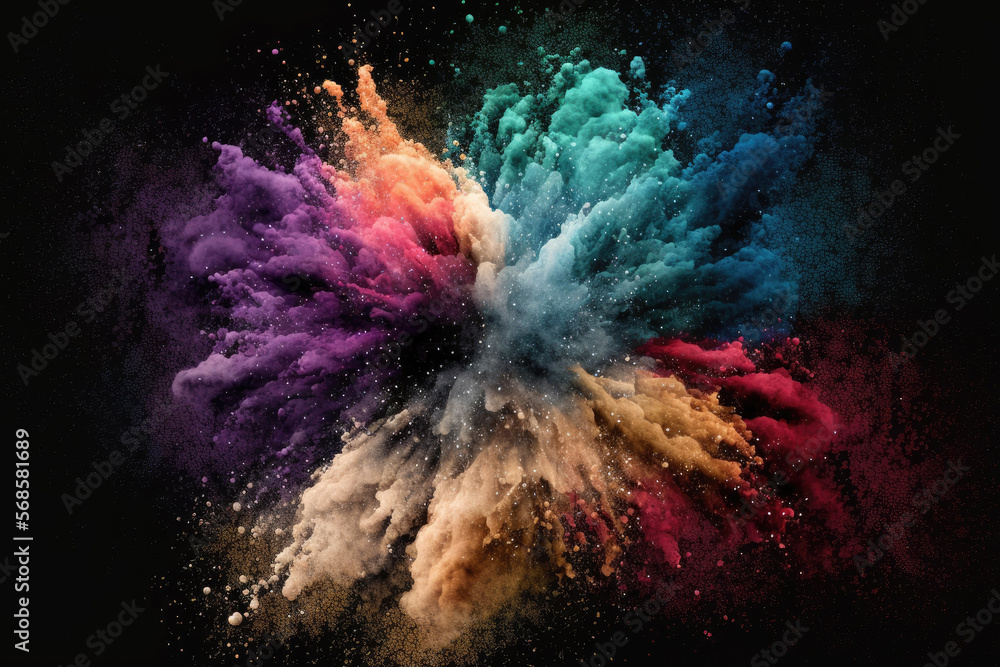 An abstract burst of colourful dust against a dark background. Abstract background with powder splatters, freeze motion of color powder exploding throwing, and glitter texture in various colors An abstract burst of colourful dust against a dark background. Abstract background with powder splatters, freeze motion of color powder exploding throwing, and glitter texture in various colors