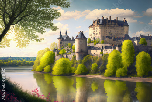 Indre et Loire, France's Chinon town and its château may be seen in the brightness of a late spring day. Generative AI photo