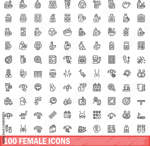 100 female icons set. Outline illustration of 100 female icons vector set isolated on white background