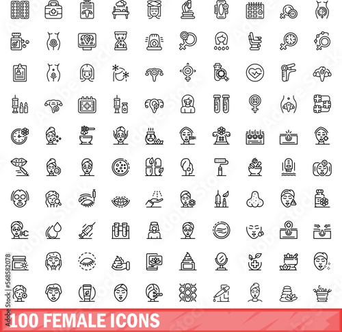 100 female icons set. Outline illustration of 100 female icons vector set isolated on white background