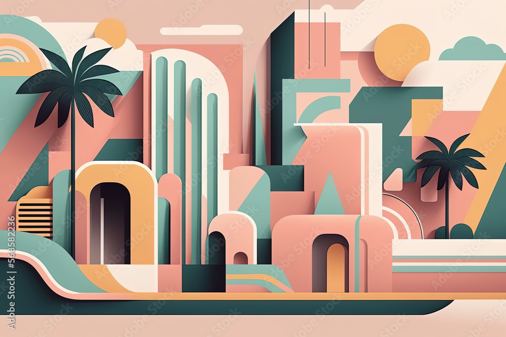 Fototapeta premium a minimalist travel illustration of Miami City in pastel colors with iconic symbols, geometric fluid shape composition
