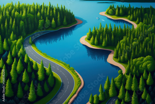 Aerial view of Finland's road between a blue lake and a green summer forest. Generative AI