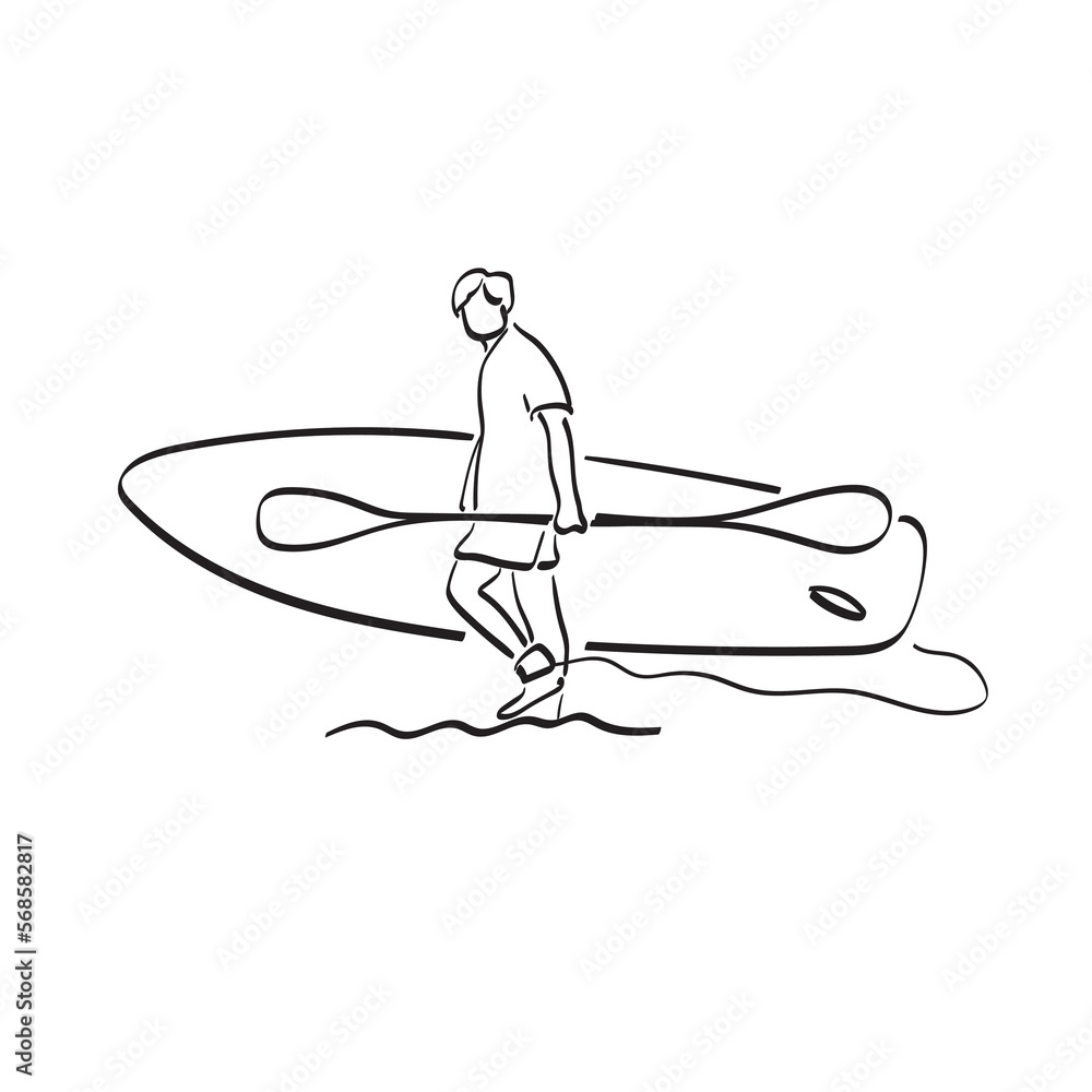 man holding paddle board on beach illustration vector hand drawn isolated on white background line art.